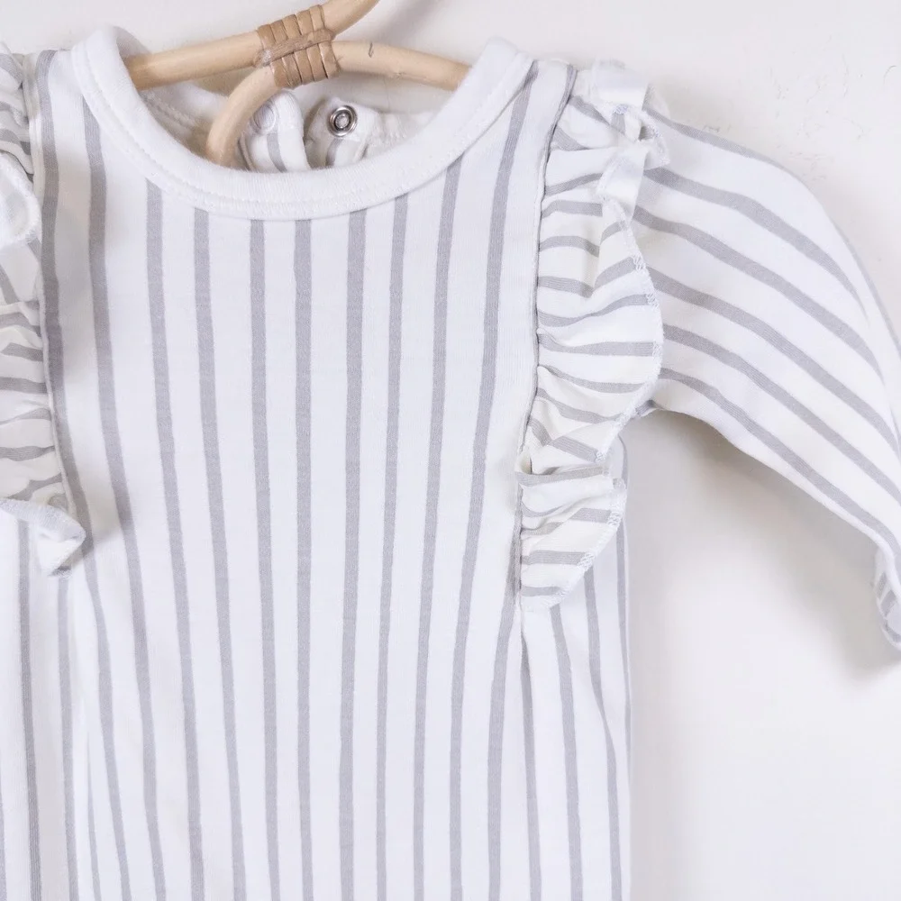 Pehr Romper‎ Kids 0-3 Months Gray Striped Ruffle Organic Cotton Long Sleeve